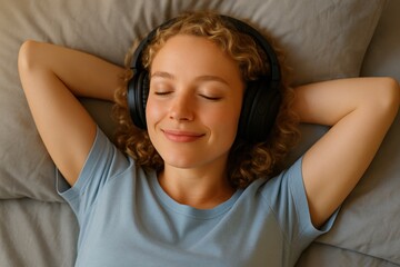 Naklejka premium Serene young woman with curly blonde hair lying in bed, eyes closed, enjoying music with headphones