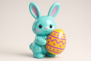 Fototapeta premium Charming light blue easter bunny figurine holding a decorative yellow egg for holiday celebration