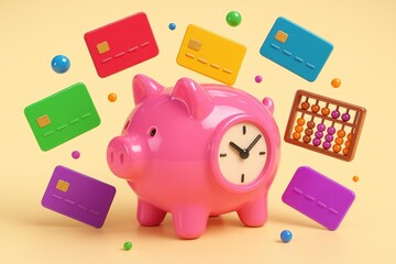 Pink piggy bank with clock, credit cards, and abacus for financial planning and savings