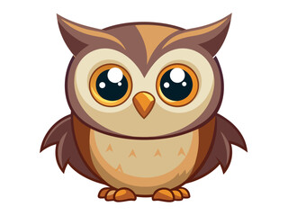 Cute cartoon owl with brown and beige feathers isolated on white background, looking wise and friendly