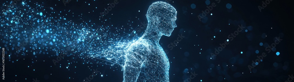 Poster human body low poly wireframe. 3d render illustration polygonal image in the form of a starry sky or