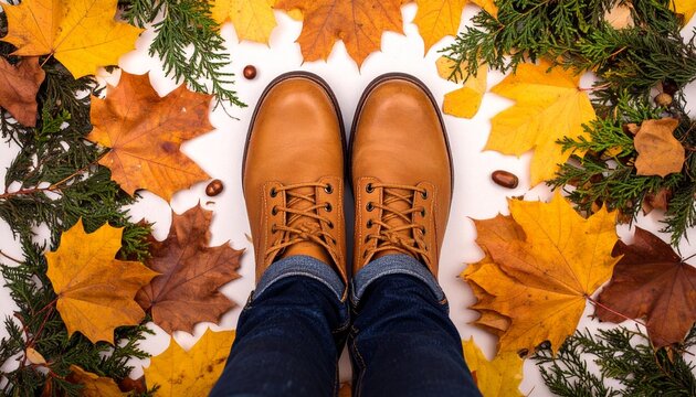 Autumnal Footwear Brown Leather Boots Surrounded by Vibrant Fall Leaves