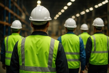 Group of male workers in white hard hats and bright green safety vests walking in a warehouse