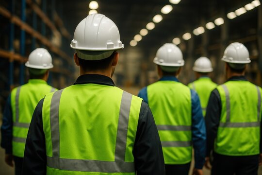Group of male workers in white hard hats and bright green safety vests walking in a warehouse