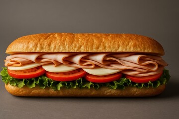 Delicious long sub sandwich with turkey, provolone cheese, tomato, and crisp lettuce