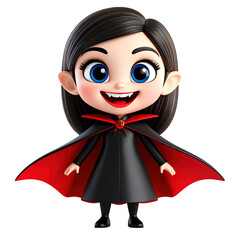 A cheerful, cartoon girl vampire, dressed in a black cloak with red accents,  exudes a playful Halloween spirit isolated on a transparent background.
