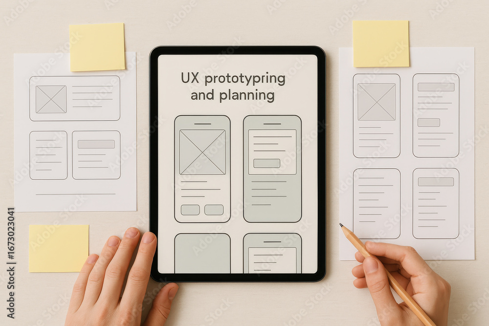 Poster ux prototyping and planning on tablet with sketches and pencil for user interface design