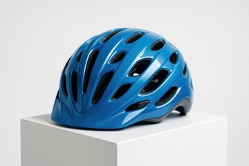 Fototapeta premium Vibrant glossy blue bicycle helmet resting on a minimalist white pedestal in a studio