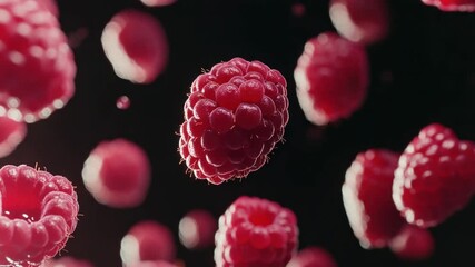 Dynamic Raspberry Burst: Juicy Red Berries Falling in Slow Motion Against Black Background - Powered by Adobe