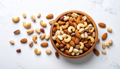 Overhead Shot of Assorted Nuts in a Wooden Bowl on White Background