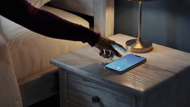 Hand reaching for phone on nightstand with unknown caller screen  