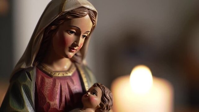A sacred figurine of the blessed mother and child in a peaceful, prayerful setting with a glowing candle