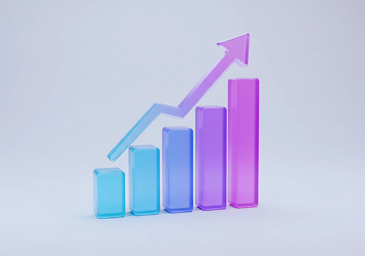 3d growth graph icon holographic gradient effect on isolated transparent background.