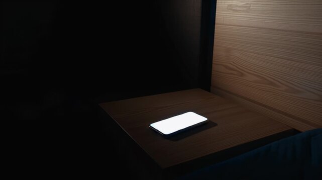 Phone screen with unknown caller illuminated on bedside table at night  