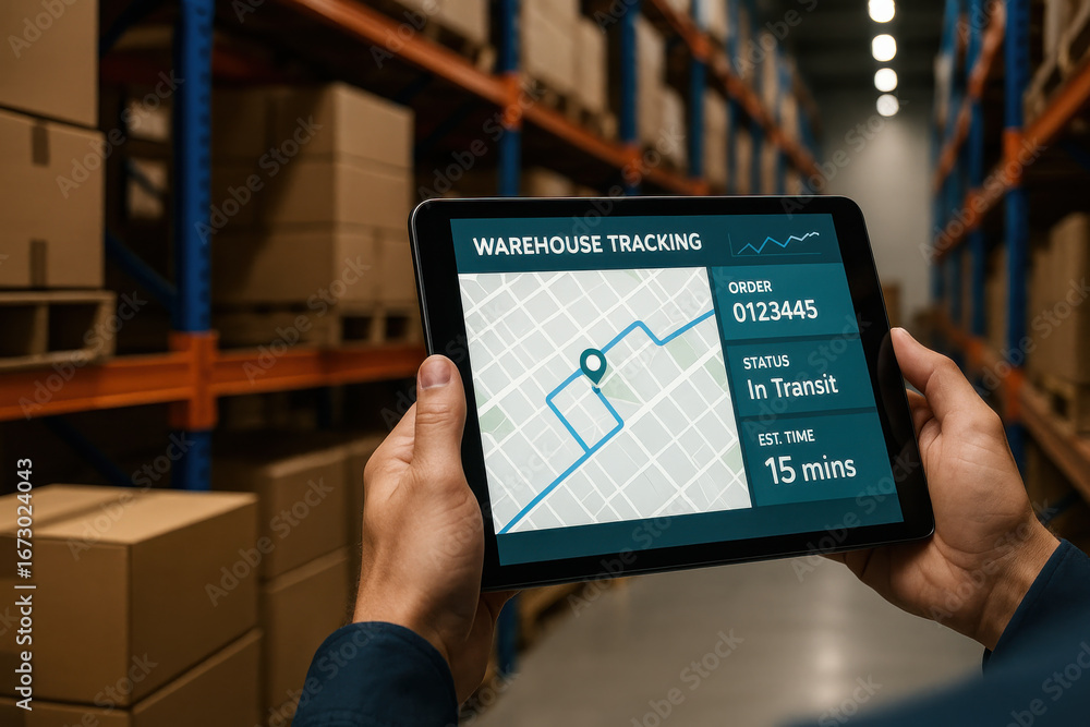 Poster warehouse tracking on digital tablet showing order status in transit with estimated delivery time