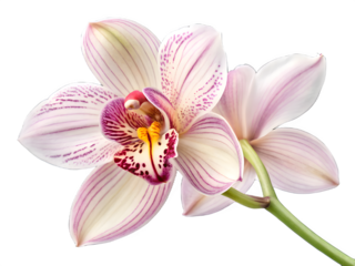 Delicate pink and white cymbidium orchid bloom on a black background