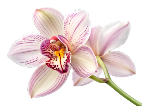 Delicate pink and white cymbidium orchid bloom on a black background