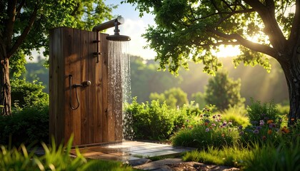 Rustic Wooden Outdoor Shower in a Lush Garden Setting