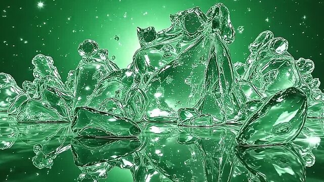 A mesmerizing explode crystal fractal mirror effect fills the frame, sparkling crystal shards reflecting fractal light patterns vividly over a uniform green background, ideal for high-tech