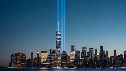 Iconic New York City skyline at night illuminated with vertical blue light beams from One World Trade Center skyscraper, symbolizing hope, resilience, and innovation in a vibrant modern urban