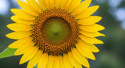 Fototapeta premium Radiant Sunflower Bloom: A Close-Up of Summer's Golden Delight Showcasing Nature's Intricate Geometry with Bright Yellow Petals and a Striking Central Disc in Vivid Detail