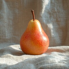 A single, ripe pear resting on a textured linen cloth.  