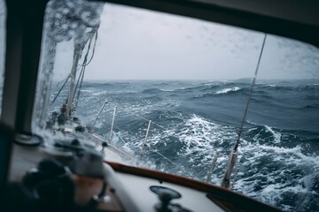 Fototapeta premium View on a yacht looking out at a stormy gray sea delivers a powerful and captivating ocean scene