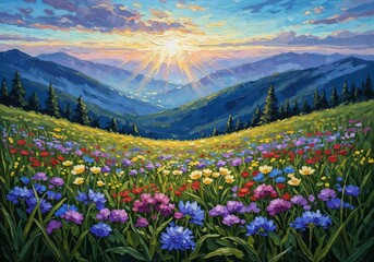 Fototapeta premium Modern Impressionist Oil Painting Mountain Meadow at Sunrise - Vibrant Wildflowers, Uplifting Landscape, Nature Inspiration