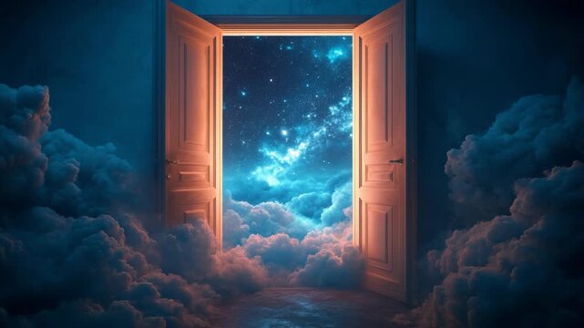 Surreal open doors revealing a glowing starry night sky beyond clouds, representing imagination, dreams, fantasy worlds, creative inspiration, and the limitless possibilities of the human mind.