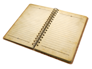 Vintage spiral bound notebook filled with handwritten text and notes