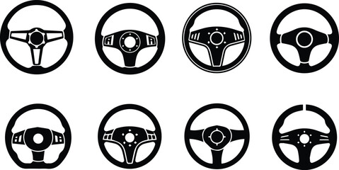 collection of various steering wheel designs for automobiles, showcasing different styles and eras
