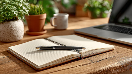 Open notebook with pen on wooden desk beside laptop and potted plants in natural light.