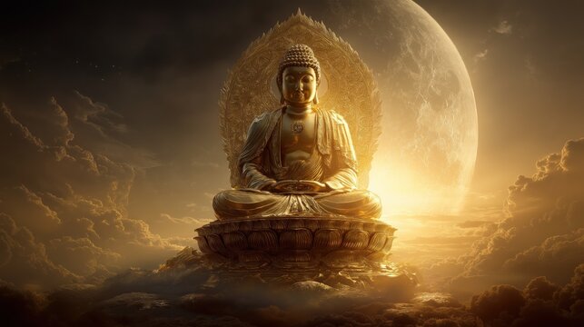 A gold statue of Buddha is sitting on a cloud