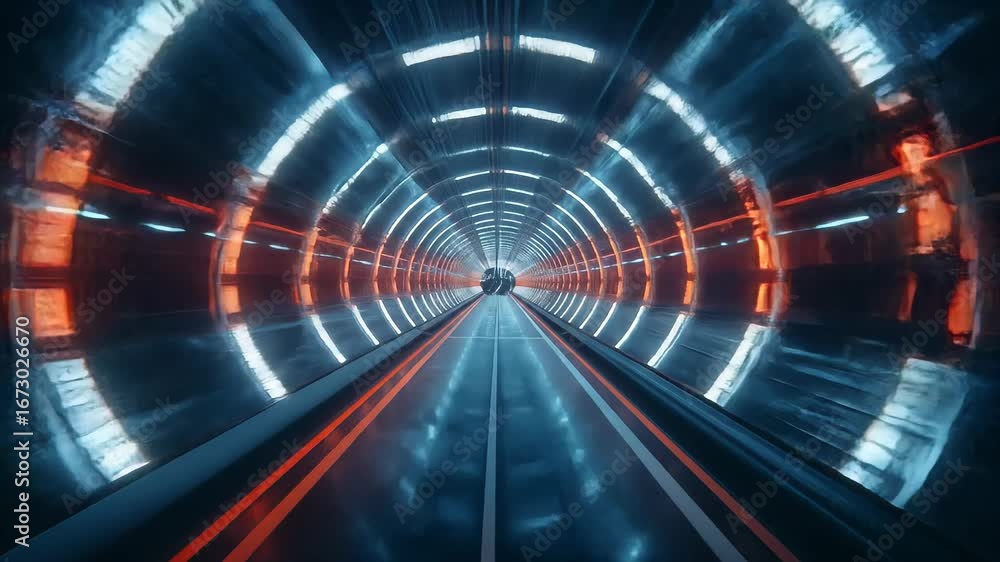 Poster futuristic glowing tunnel motion background with neon lights effect loop