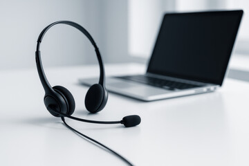 Black headset with microphone on white desk with laptop in background