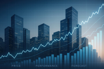 Fototapeta premium Financial growth chart with rising bar graph and line graph over city skyline