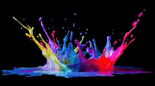 Colorful paint splashes and vibrant ink splashes create a colorful explosion on a black background, creative art design and splash paint feature a colorful splash concept with a splash effect.