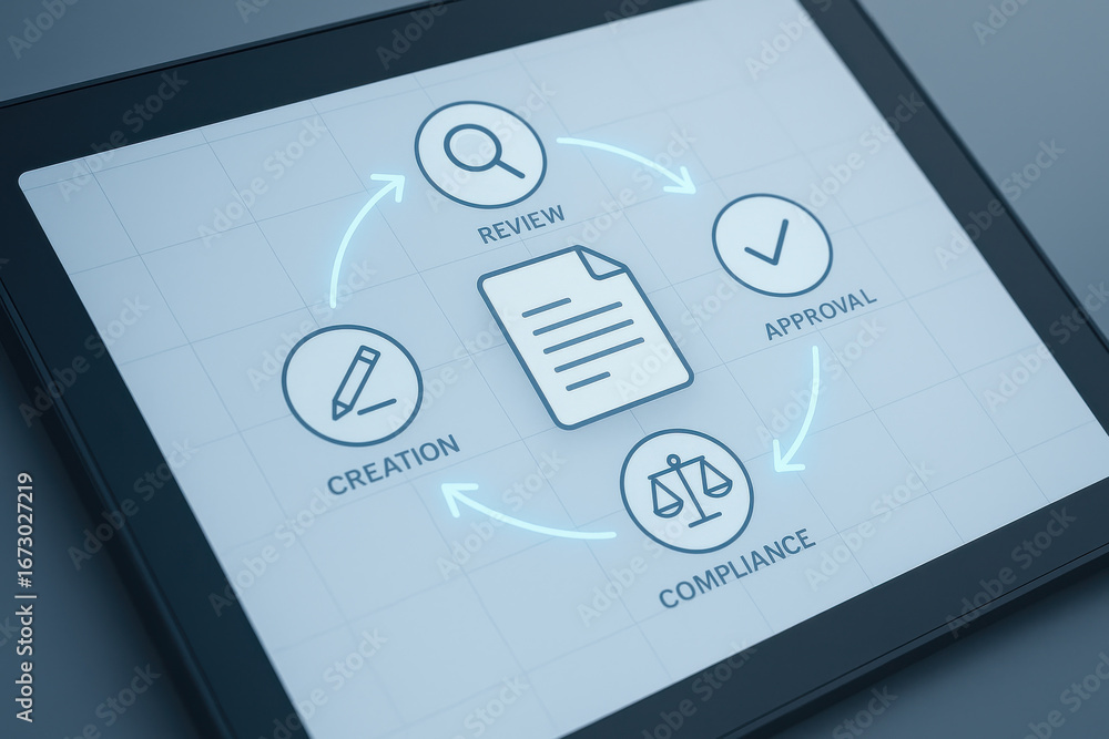 Poster document workflow process digital tablet screen showing creation, review, approval