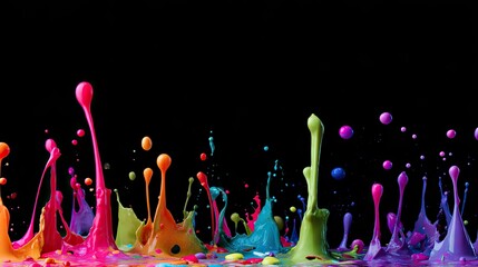 Colorful paint splashes and vibrant ink splashes create a colorful explosion on a black background, creative art design and splash paint feature a colorful splash concept with a splash effect.