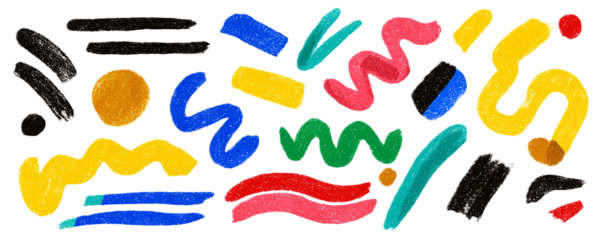 Abstract colorful crayon drawing shapes isolated on transparent background