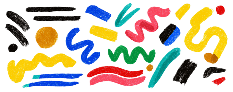 Abstract colorful crayon drawing shapes isolated on transparent background