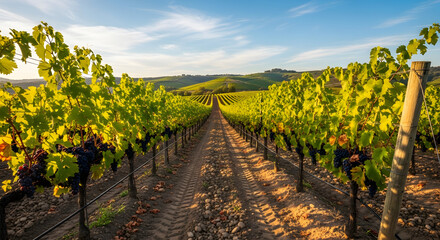 Obraz premium Sun-Drenched Vineyard Vista: Rows of Lush Grapevines Leading to Rolling Hills Under a Bright Sky, Creating a Serene and Picturesque Landscape of Wine Country Beauty in Cultivation