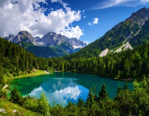 Fototapeta premium Alpine lake reflecting mountains under a vibrant sky