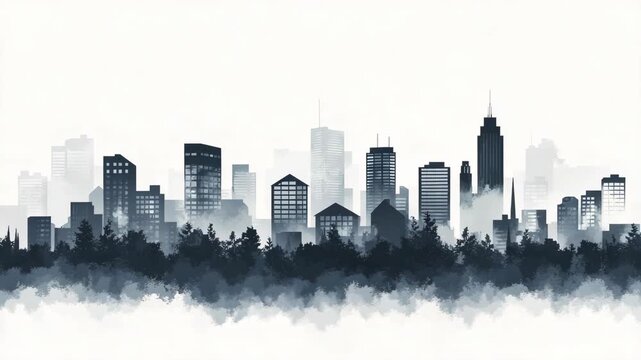 Minimalist black grey artistic silhouette of modern city skyline with tall skyscrapers emerging from a misty forest foreground, blending urban architecture with nature in a balanced visual composition