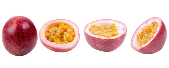 Set fresh passion fruit cut in half with white separator on transaparent.