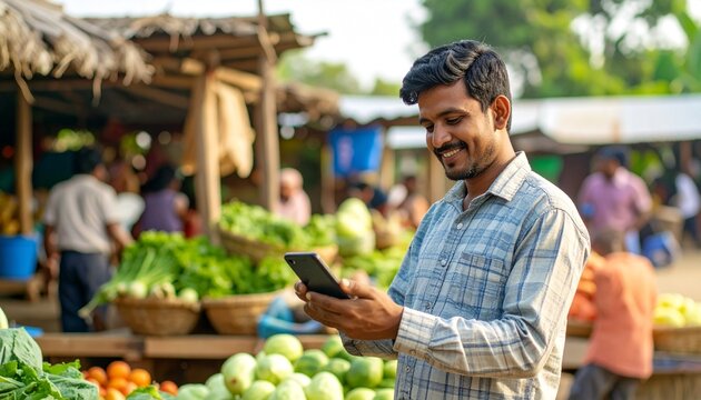 Smiling Indian vendor using a digital tablet for business transactions at a bustling local vegetable market