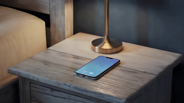 Phone screen with unknown caller resting on bedside table at night  