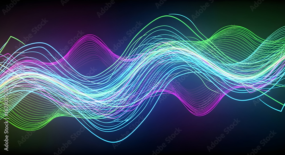Poster abstract visualization of sound waves with vibrant neon colors and intricate patterns against a dark