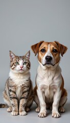 Domestic Cat and Dog Sitting Together Portrait