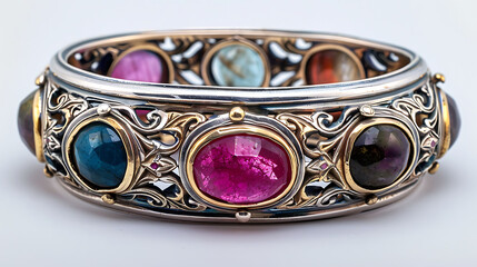 A refined silver bangle adorned with sparkling precious gemstones, combining timeless elegance and luxury craftsmanship for sophisticated jewelry lovers.  
